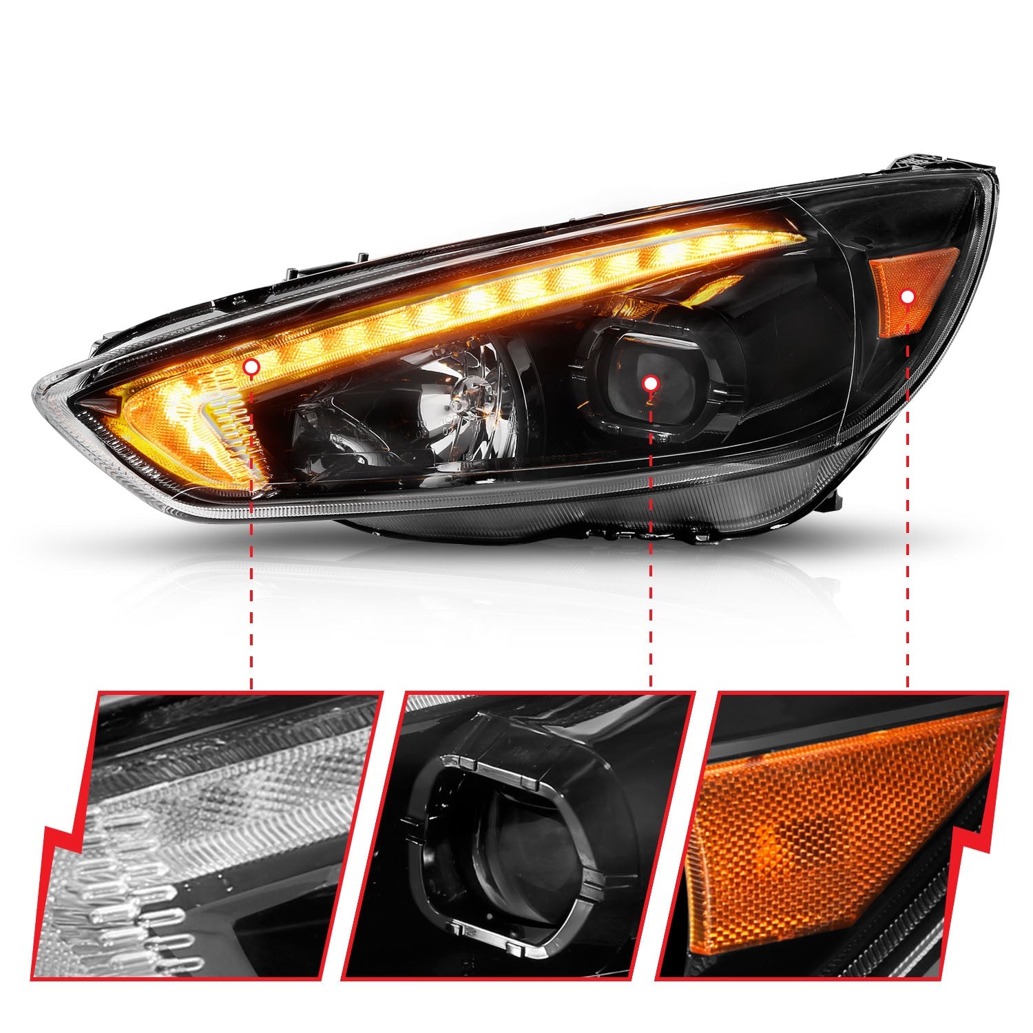 FORD FOCUS 15-18 PROJECTOR SWITCHBACK PLANK STYLE HEADLIGHTS BLACK W/ DRL (FOR HALOGEN MODEL ONLY)