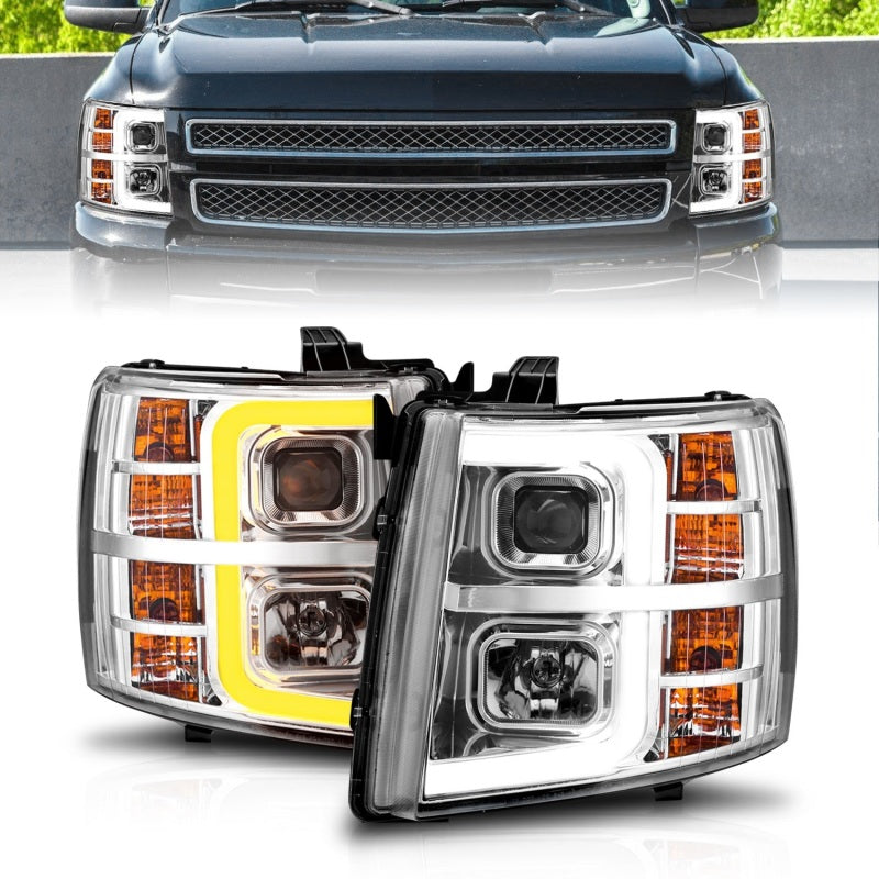 ANZO 2007-2013 Chevrolet Silverado 1500 Projector w/ Light Bar Chrome Housing w/ Sequential-SR1 Performance