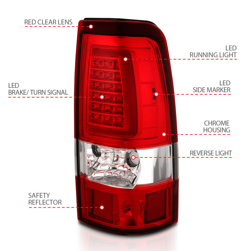 ANZO 1999-2002 Chevy Silverado 1500 LED Taillights Plank Style Chrome With Red/Clear Lens-SR1 Performance