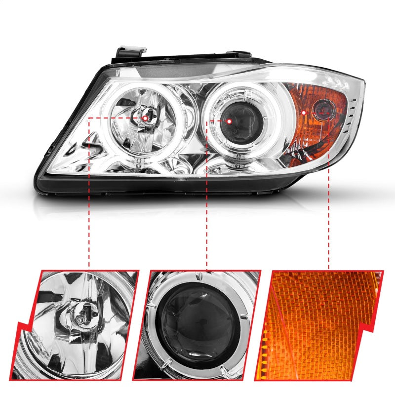 ANZO 2006-2008 BMW 3 Series E90-E91 Projector Headlights w/ Halo w/ LED Bar Chrome (CCFL)-SR1 Performance
