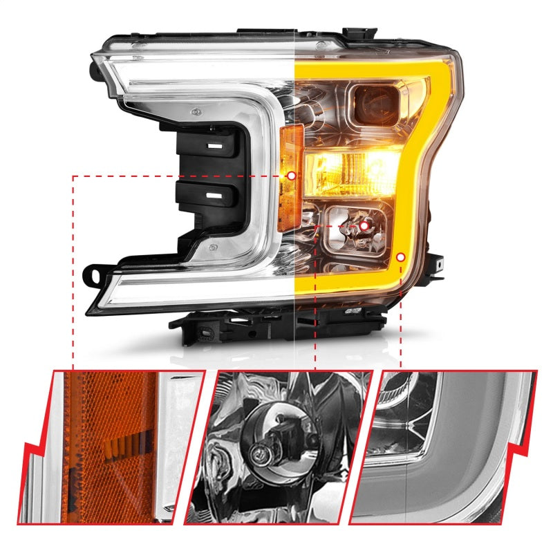ANZO 2018-2020 Ford F-150 Projector Headlight w/Plank Style Switchback Chrome Housing-SR1 Performance