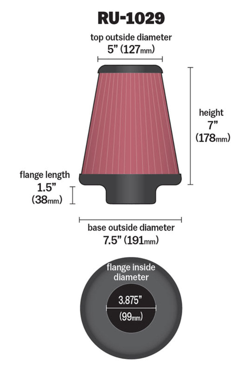 K&N Universal Clamp-On Air Filter 3-7/8in FLG / 7-1/2in B / 5in T / 7in H-SR1 Performance