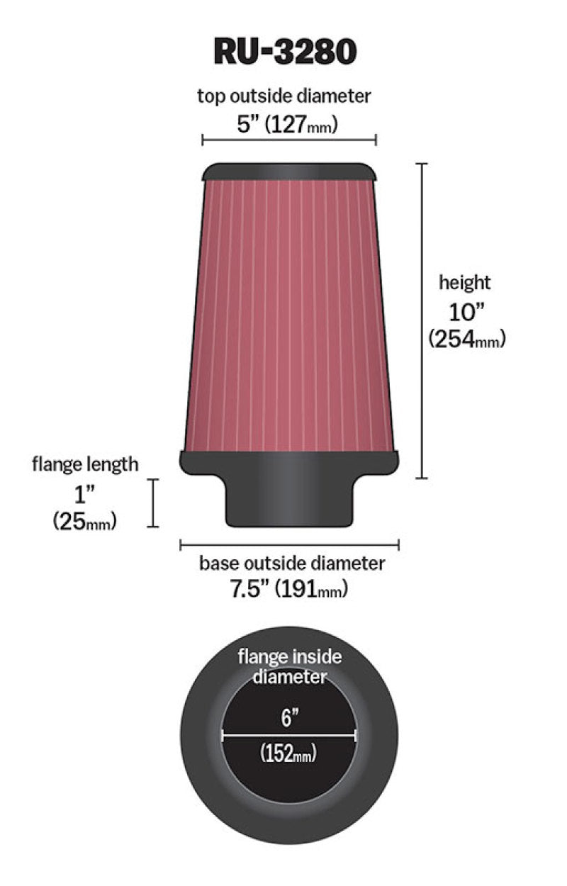 K&N Filter Universal Rubber Filter 6 inch Flange 7.5 inch Base 5 inch Top 10 inch Height-SR1 Performance