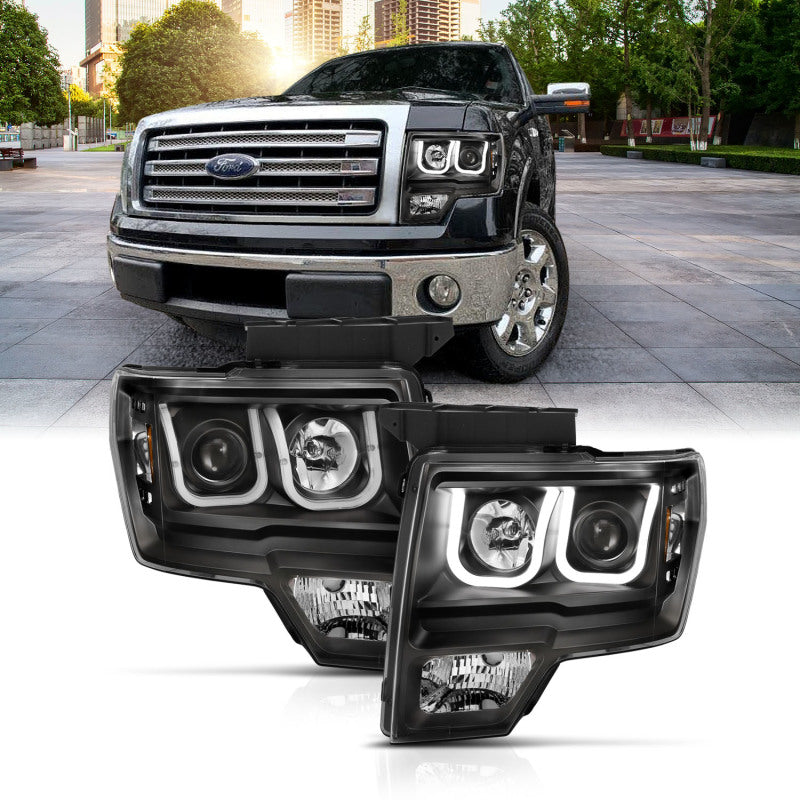 ANZO 2009-2014 Ford F-150 Projector Headlights w/ U-Bar Switchback Black w/ Amber-SR1 Performance
