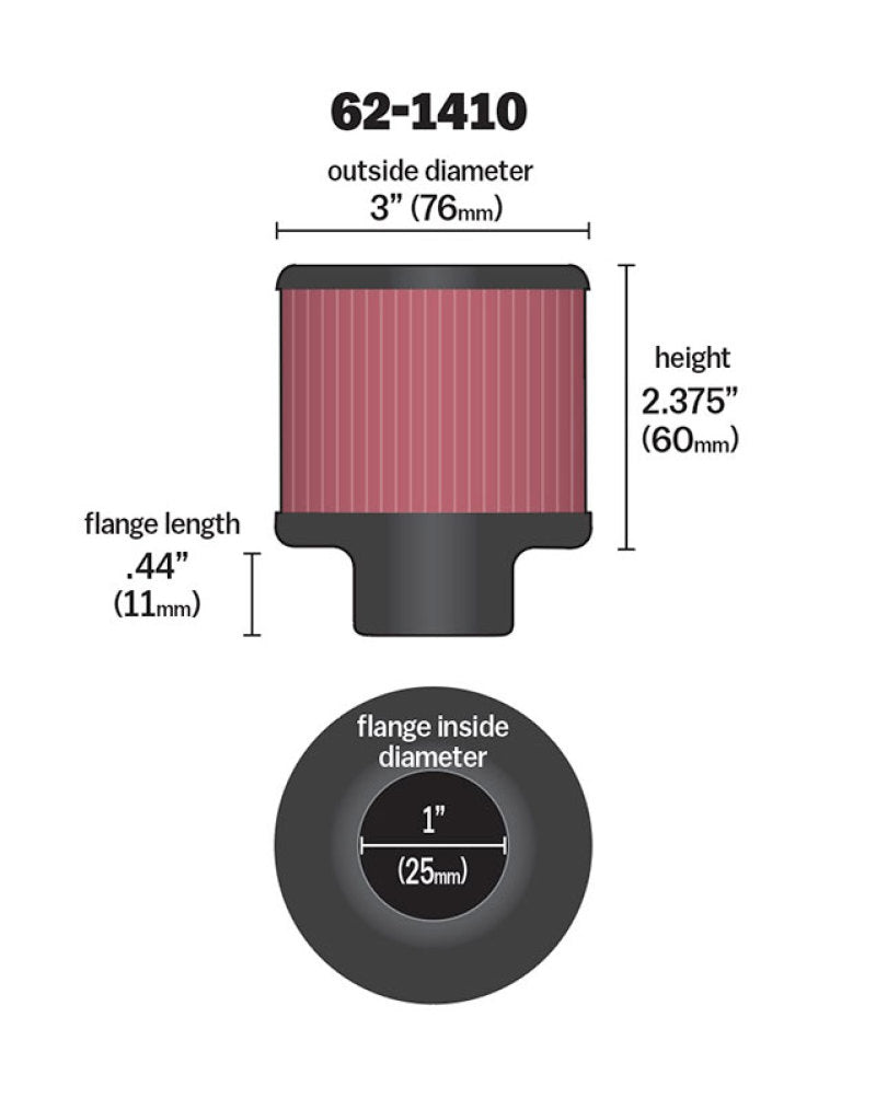 K&N 1 inch ID 3 inch OD 2.375 inch H Rubber Base Crankcase Vent Filter-SR1 Performance
