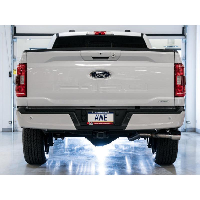 AWE 0FG 21+ Ford F150 Dual Side Exit Cat-Back Exhaust- 4.5in Chrome Silver Tips-SR1 Performance