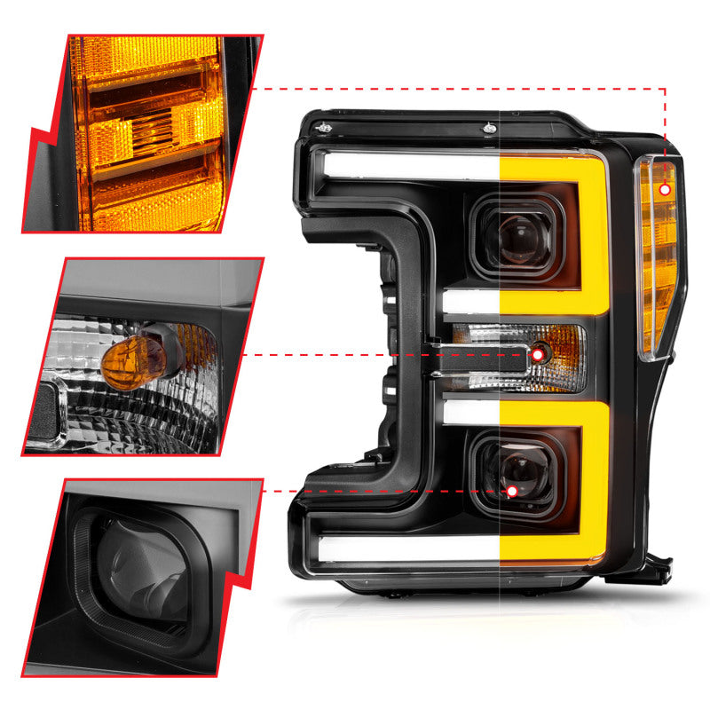 ANZO 17-19 Ford F-250/350/450 SD (w/o Factory LED) LED Proj Headlights w/Light Bar Switchback Blk-SR1 Performance