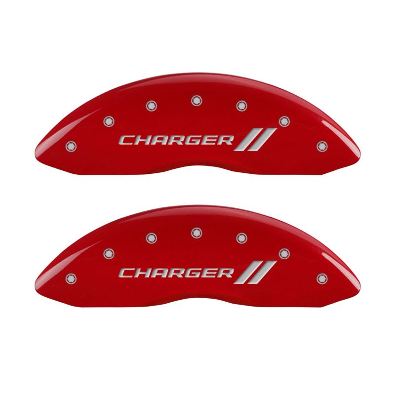 MGP 4 Caliper Covers Engraved Front & Rear With stripes/Charger Red finish silver-SR1 Performance