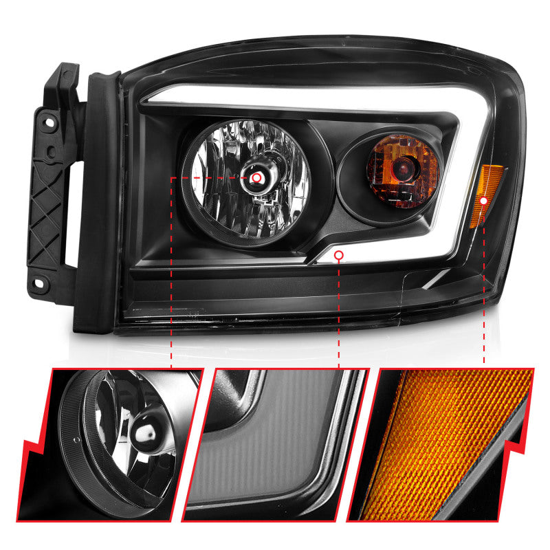 Anzo 06-09 Dodge RAM 1500/2500/3500 Headlights Black Housing/Clear Lens (w/ Light Bars)-SR1 Performance