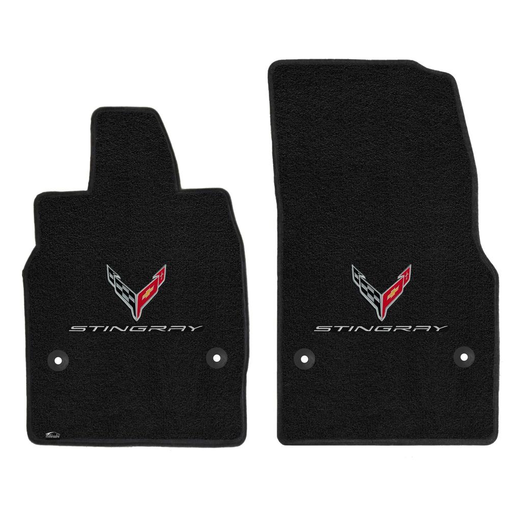 C8 Corvette Floor Mats - Lloyds Mats with C8 Crossed Flags & Silver Stingray Script (Ebony)