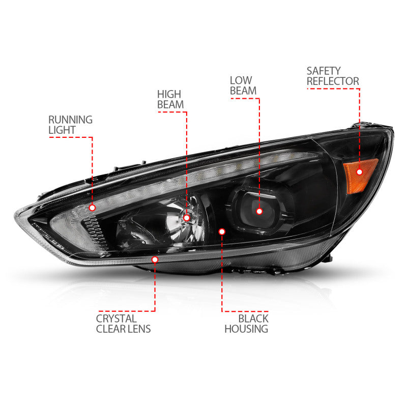 ANZO 15-18 Ford Focus Projector Headlights - w/ Light Bar Switchback Black Housing-SR1 Performance