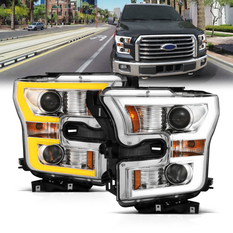 ANZO 2015-2017 Ford F-150 Projector Headlights w/ Plank Style Switchback Chrome w/ Amber-SR1 Performance