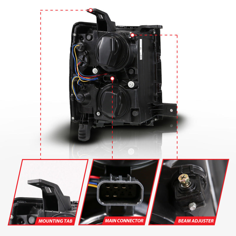 Anzo 14-15 Chevy Silverado 1500 Black Dual Switchback+Sequential LED Tube Sq. Projector Headlights-SR1 Performance