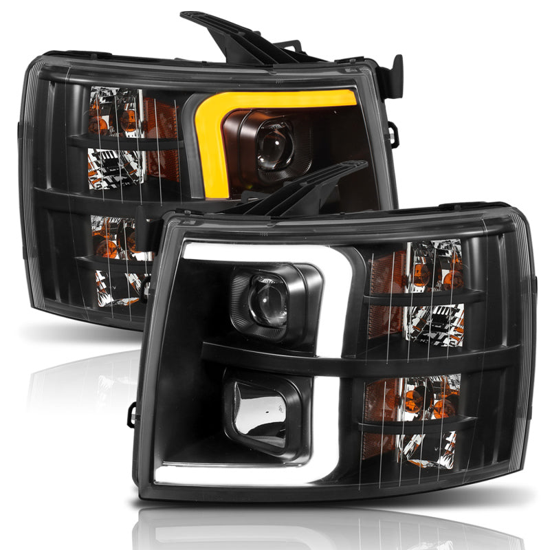 ANZO 07-13 Chevrolet Silverado 1500 Plank Style Projector Headlights Black w/ Amber-SR1 Performance