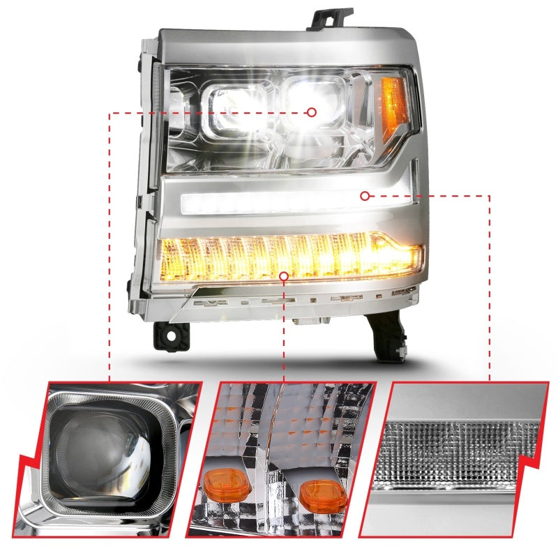 ANZO 16-18 Chevrolet Silverado 1500 LED Projector Headlights w/Plank Style Switchback Chrome w/Amber-SR1 Performance