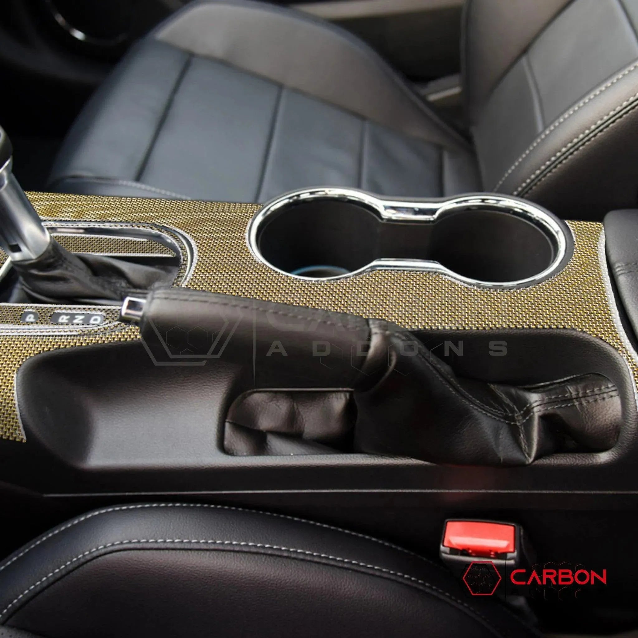 2015-2023 Mustang Reflective Carbon Fiber Center Console Overlay - carbonaddons Carbon Fiber Parts, Accessories, Upgrades, Mods