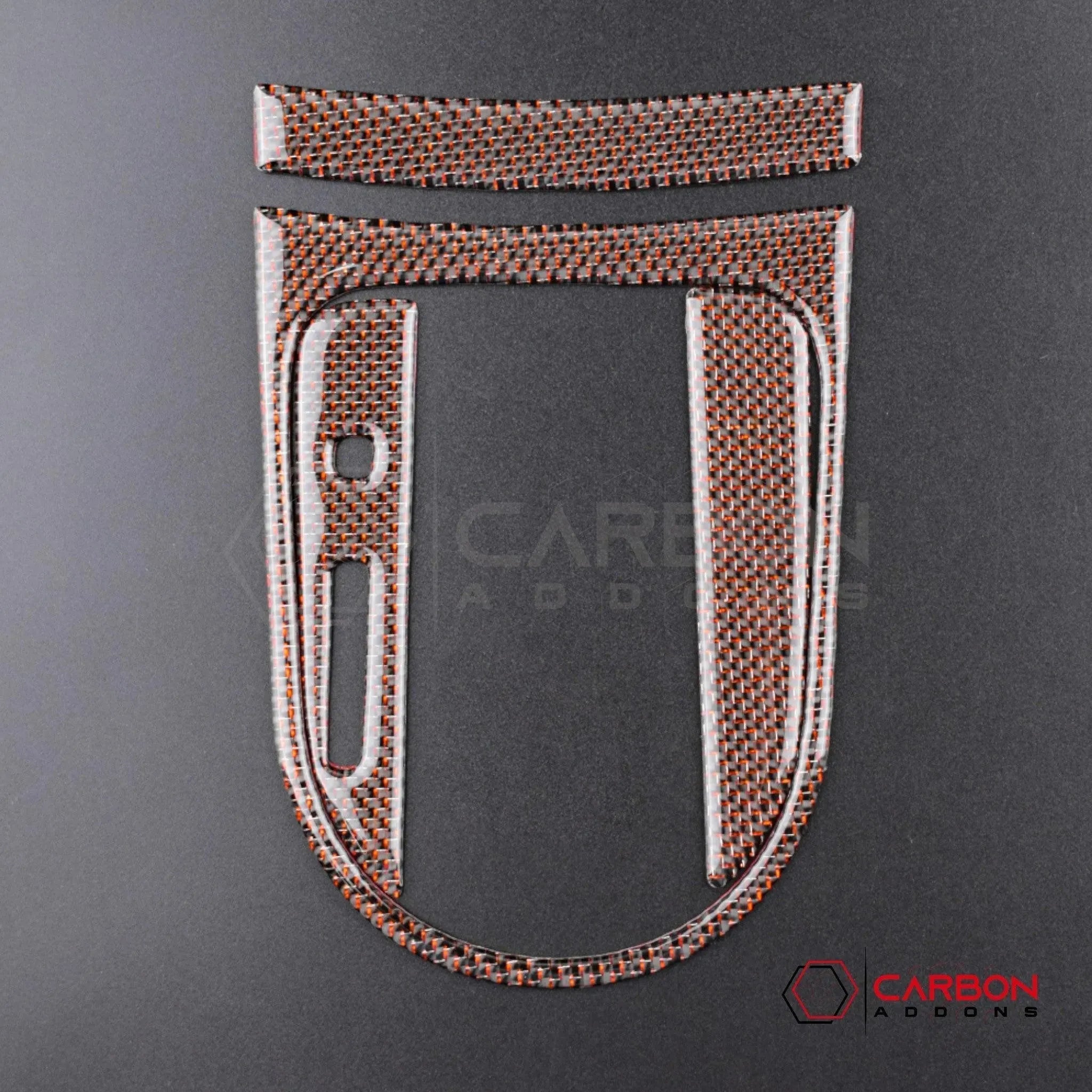 2015-2023 Mustang Reflective Carbon Fiber Center Console Overlay - carbonaddons Carbon Fiber Parts, Accessories, Upgrades, Mods