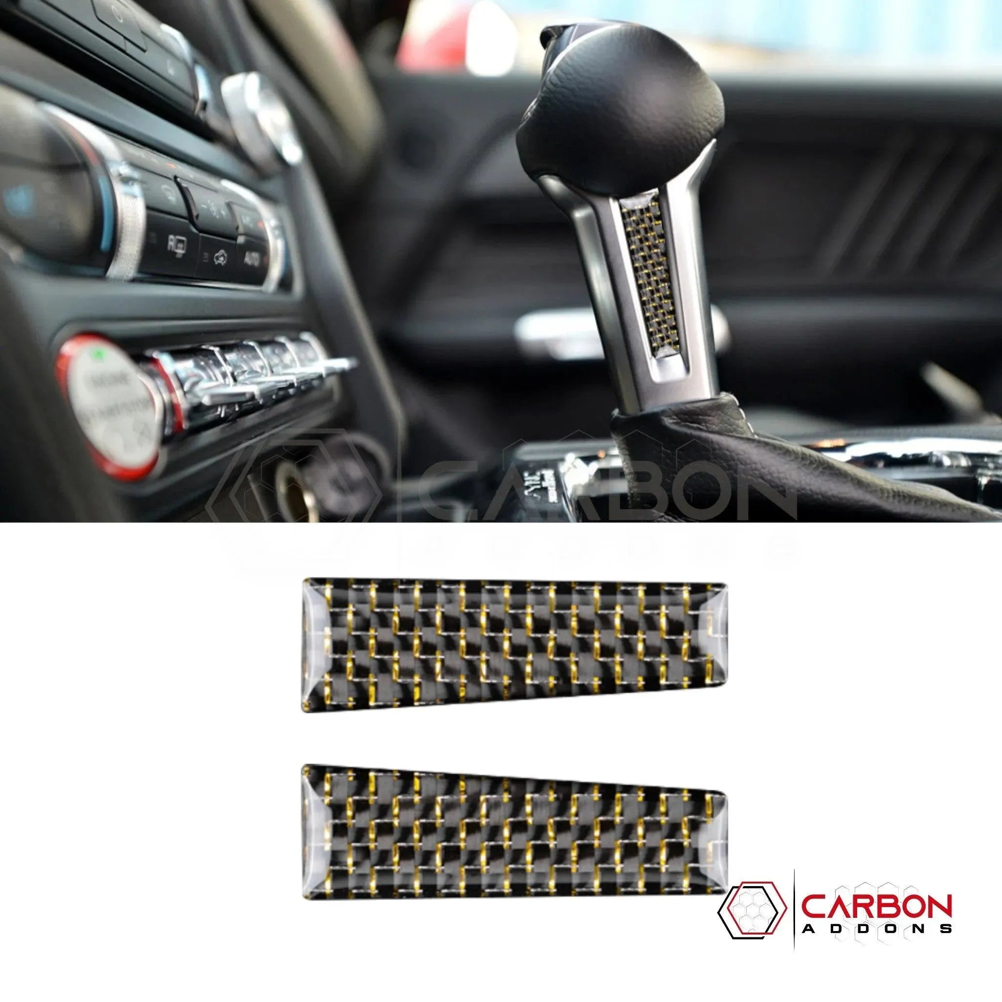 2015-2023 Mustang Reflective Carbon Fiber Shift Knob Side Trim Overlay - carbonaddons Carbon Fiber Parts, Accessories, Upgrades, Mods