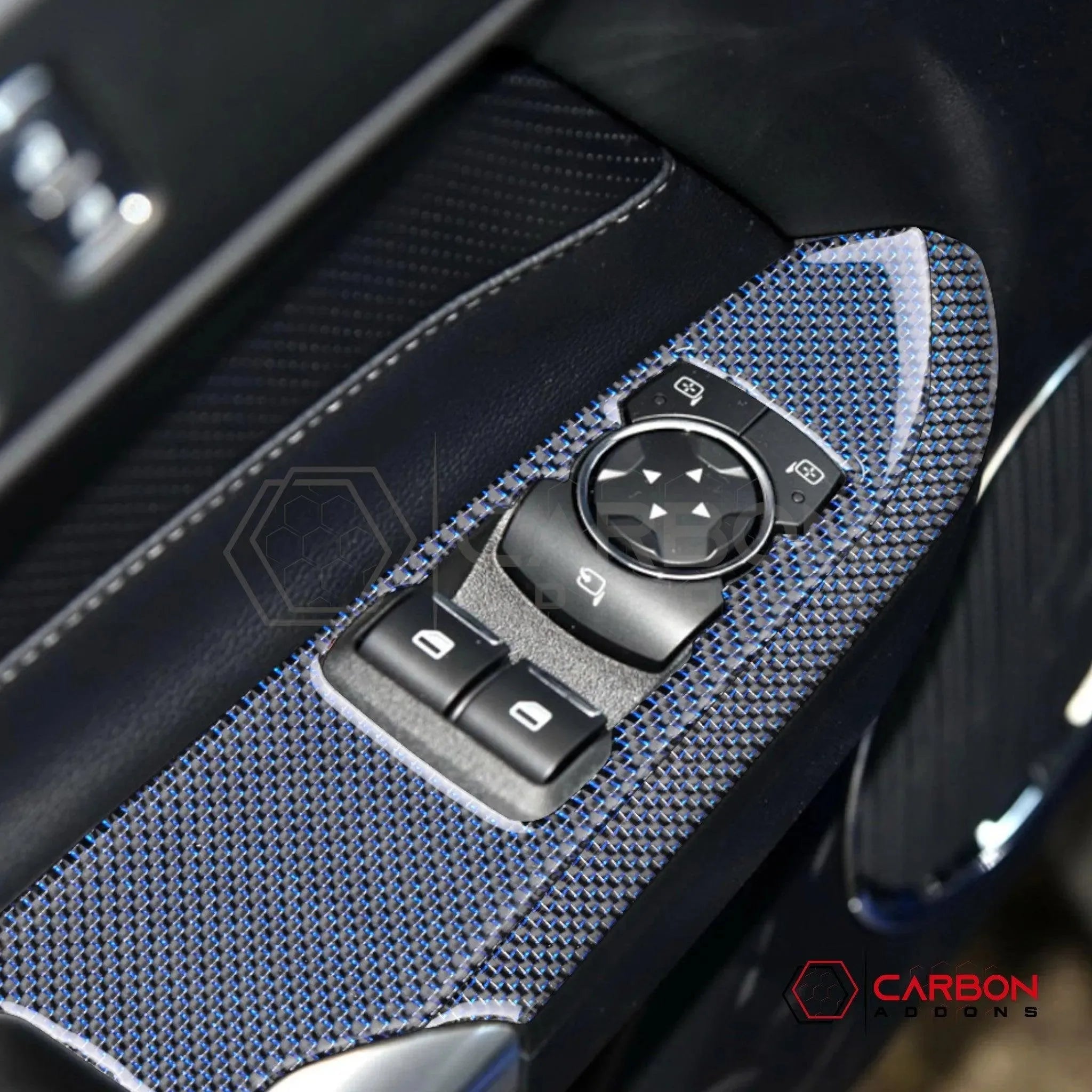 2015-2023 Mustang Reflective Carbon Fiber Window Switch Trim Overlay - carbonaddons Carbon Fiber Parts, Accessories, Upgrades, Mods