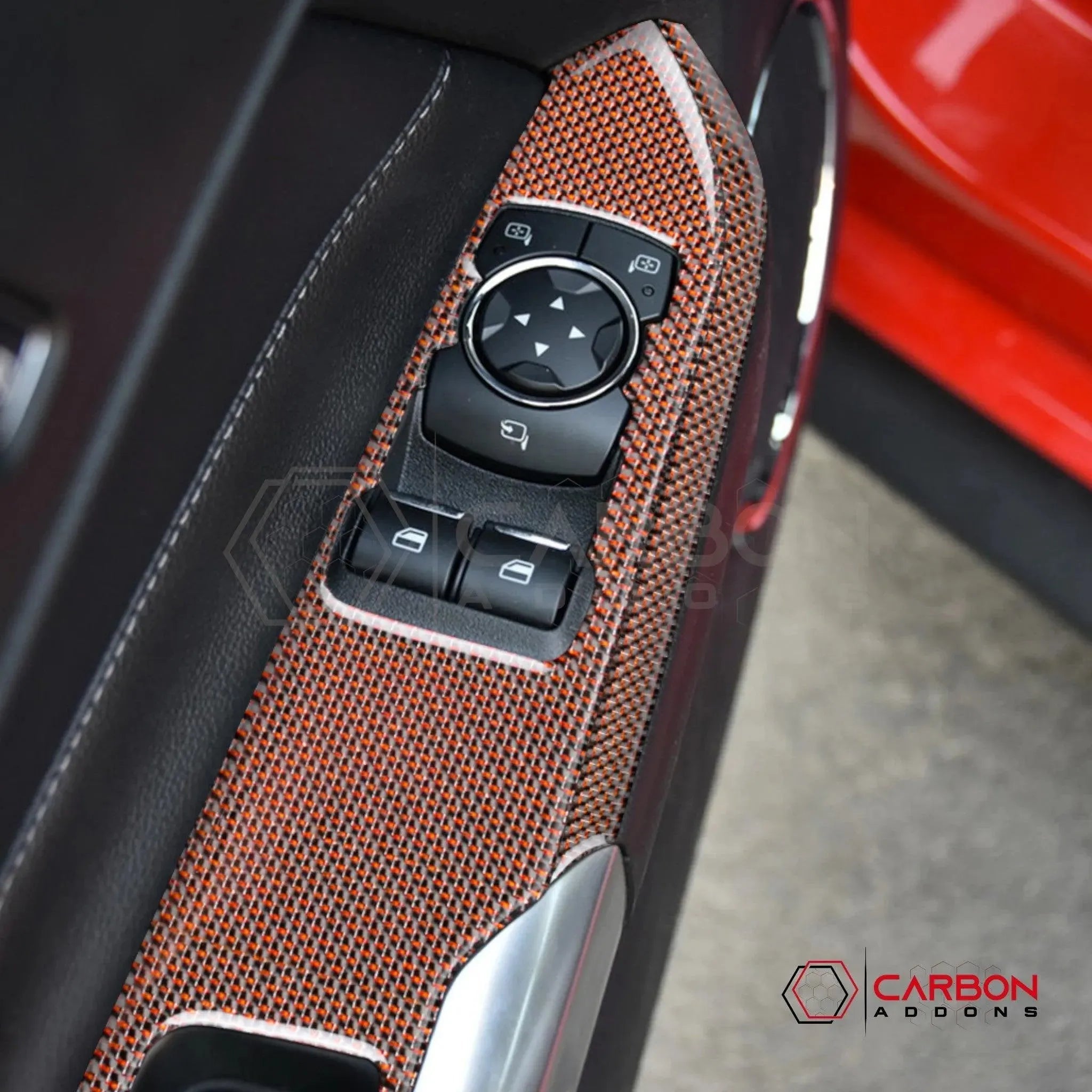2015-2023 Mustang Reflective Carbon Fiber Window Switch Trim Overlay - carbonaddons Carbon Fiber Parts, Accessories, Upgrades, Mods