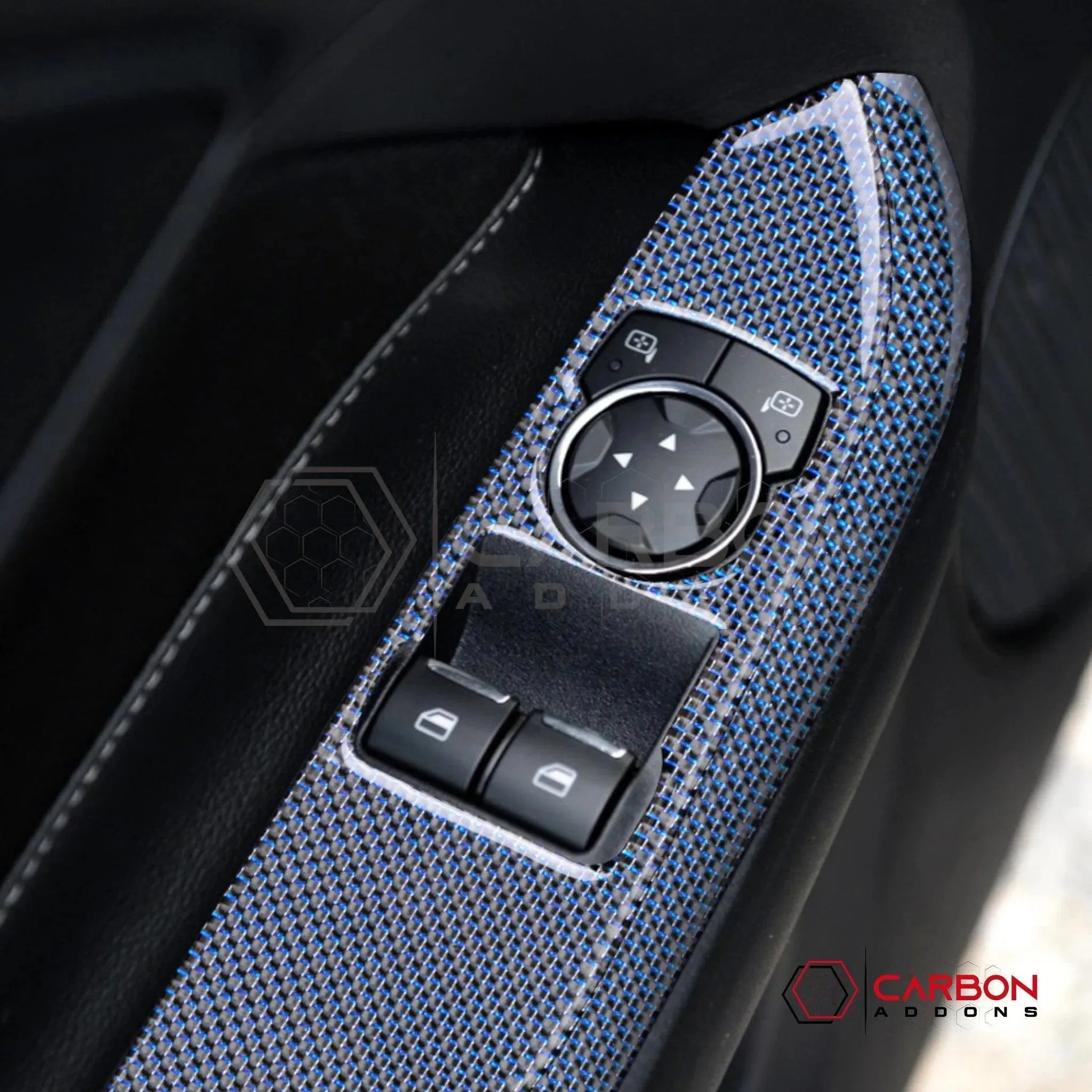 2015-2023 Mustang Reflective Carbon Fiber Window Switch Trim Overlay - carbonaddons Carbon Fiber Parts, Accessories, Upgrades, Mods