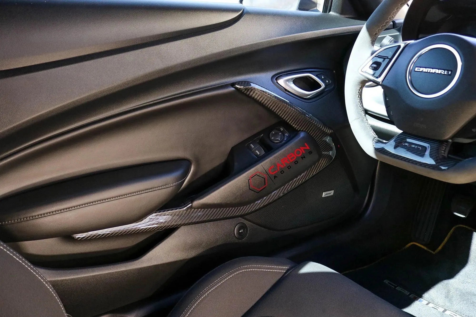 2016-2024 Camaro Real Carbon Fiber Interior Door Panel Chrome Trim Cover - carbonaddons Carbon Fiber Parts, Accessories, Upgrades, Mods