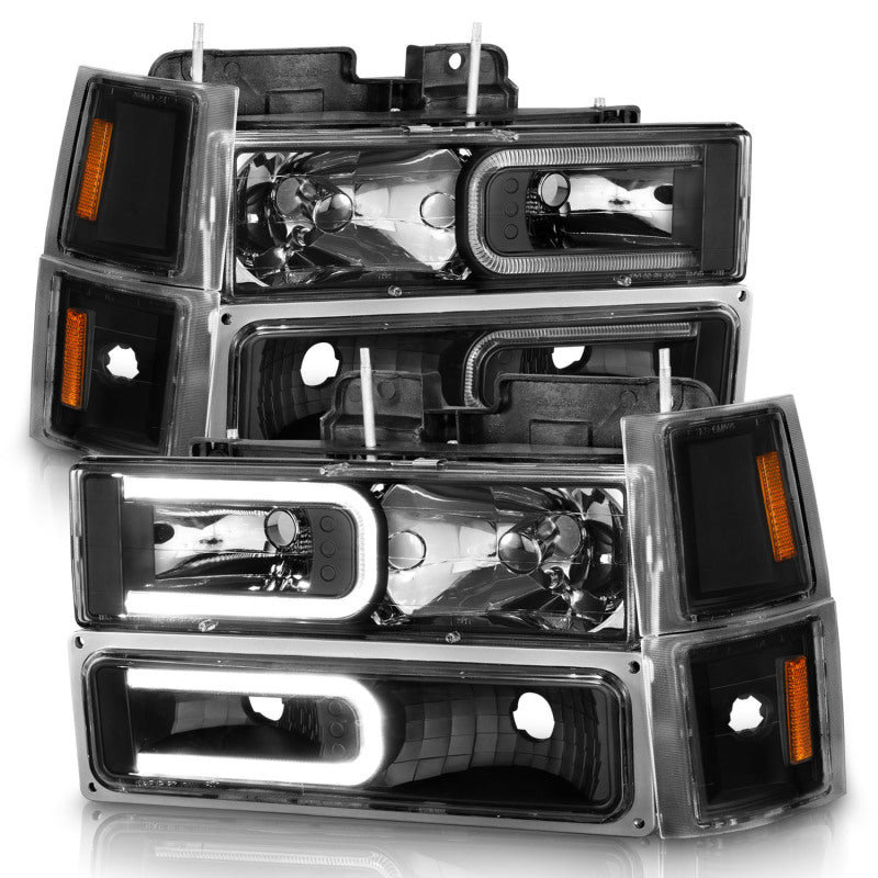 ANZO 88-98 Chevrolet C1500 Crystal Headlight Set with Light Bar and Signal Side Markers, Black Housing, Clear Lens, Pair
