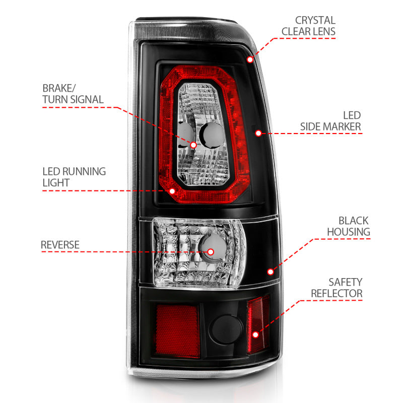 ANZO 1999-2002 Chevy Silverado 1500 LED Taillights Plank Style Black w/Clear Lens-SR1 Performance