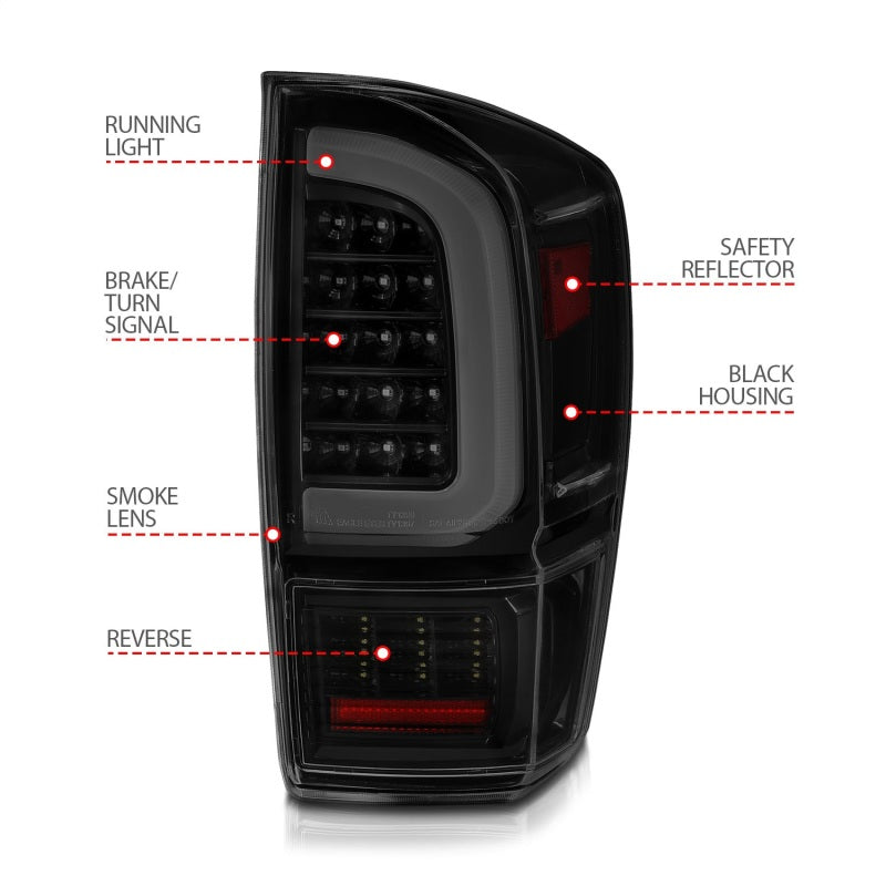 ANZO 16-21 Toyota Tacoma LED Tail Lights - w/ Light Bar Sequential Black Housing & Smoke Lens-SR1 Performance