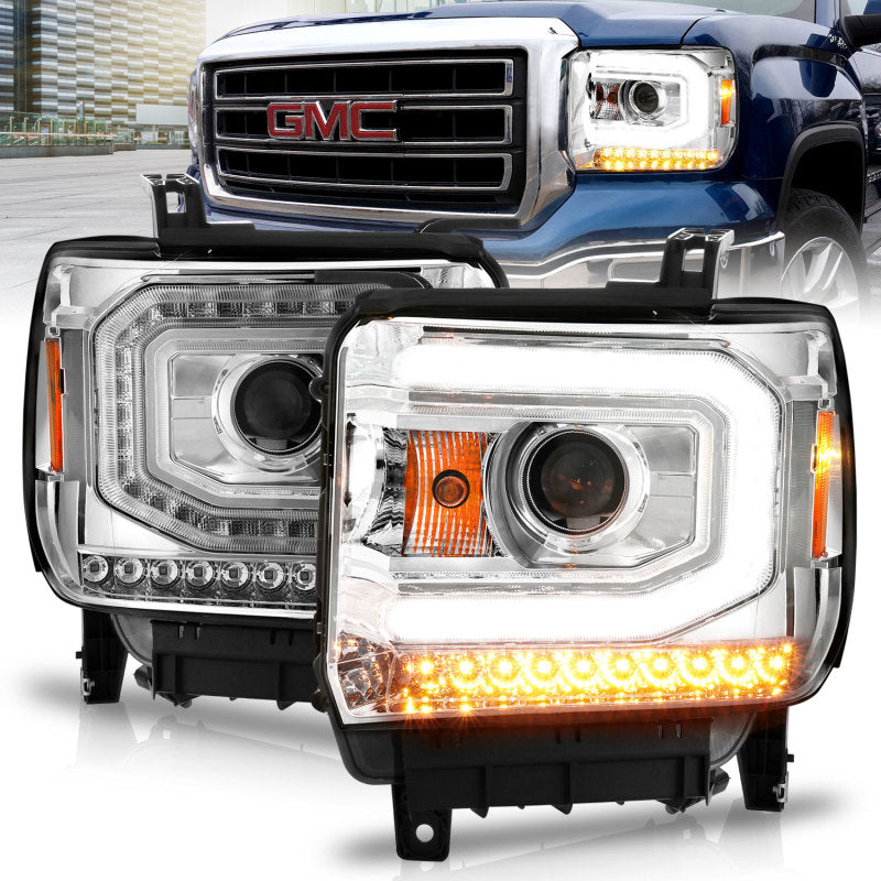 ANZO 2014-2015 Gmc Sierra 1500 Projector Headlights w/ Light Bar Chrome Housing (Halogen Type)-SR1 Performance
