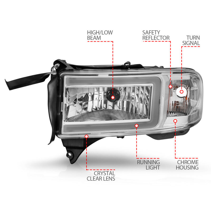 ANZO 94-02 Dodge RAM Crystal Headlight - w/ Light Bar Chrome Housing-SR1 Performance