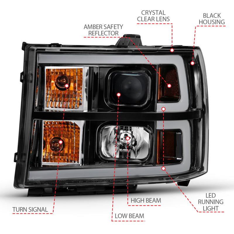 ANZO 2007-2013 Gmc Sierra 1500 Projector Headlight Plank Style Black w/ Clear Lens Amber-SR1 Performance