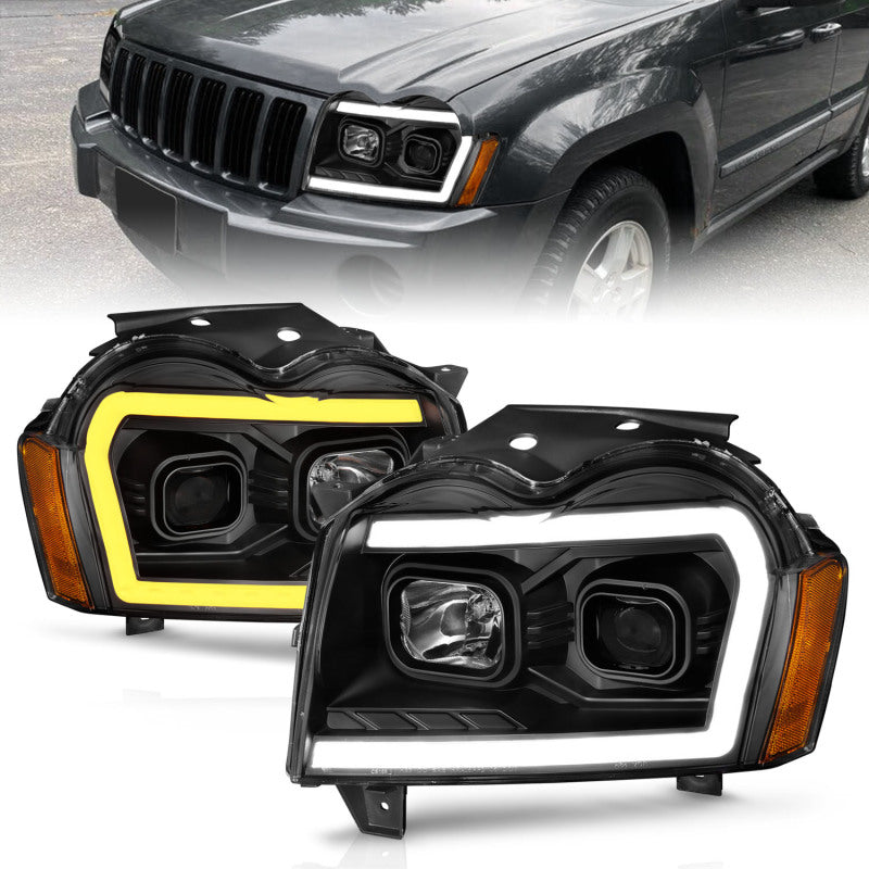 ANZO 2005-2007 Jeep Grand Cherokee Projector Headlights w/ Light Bar Switchback Black Housing-SR1 Performance