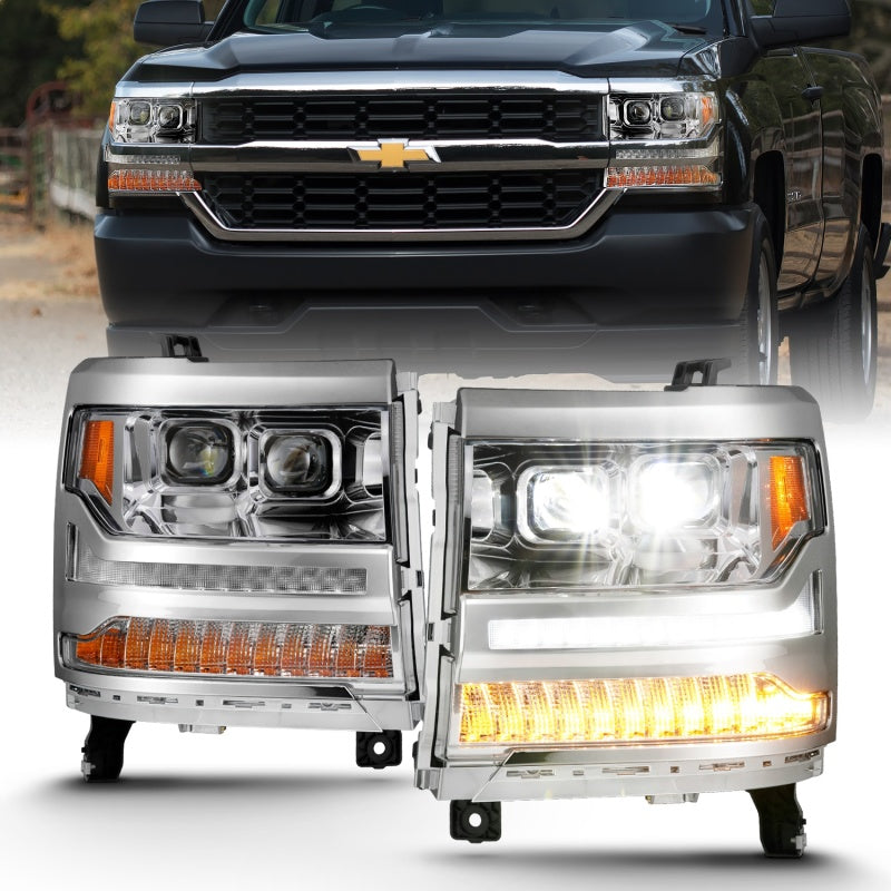 ANZO 16-18 Chevrolet Silverado 1500 LED Projector Headlights w/Plank Style Switchback Chrome w/Amber-SR1 Performance
