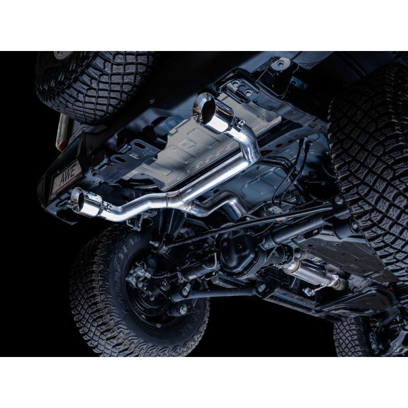 AWE Tuning 2021+ Ford Bronco 0FG Dual Rear Exit Exhaust w/Chrome Silver Tips & Bash Guard-SR1 Performance