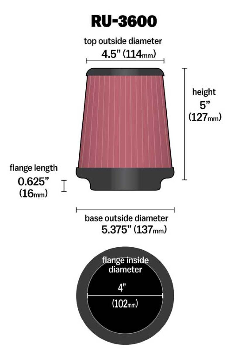 K&N Universal Air Filter 4in Flange / 5-3/8 in Base / 4-1/2in Top / 5in Height-SR1 Performance