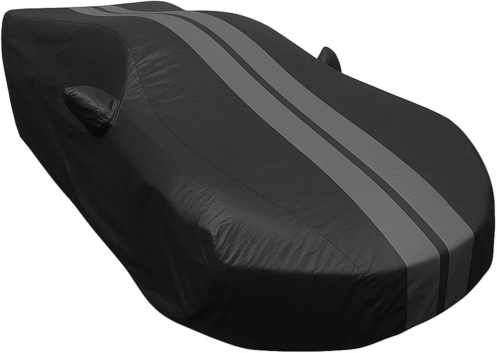 Corvette Ultraguard PEVA Car Cover - Indoor/Outdoor Waterproof Protection - Black W/ Gray Stripes : 2014-2019 Stingray, Z51, Z06, Grand Sport