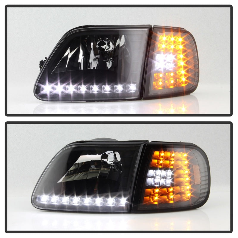 Xtune Ford F150 97-03 Crystal Headlights w/ Clear LED Corners Black HD-ON-FF15097-LED-SET-BK-SR1 Performance
