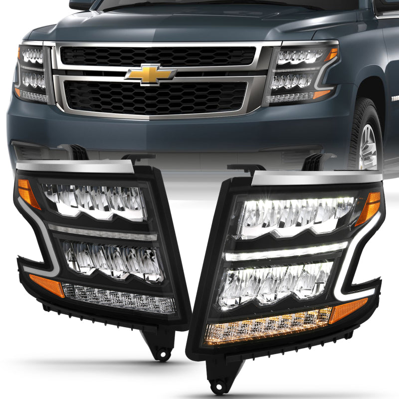 ANZO 15-20 Chevy Tahoe/Suburban LED Light Bar Style Headlights Black w/Sequential w/DRL w/Amber-SR1 Performance