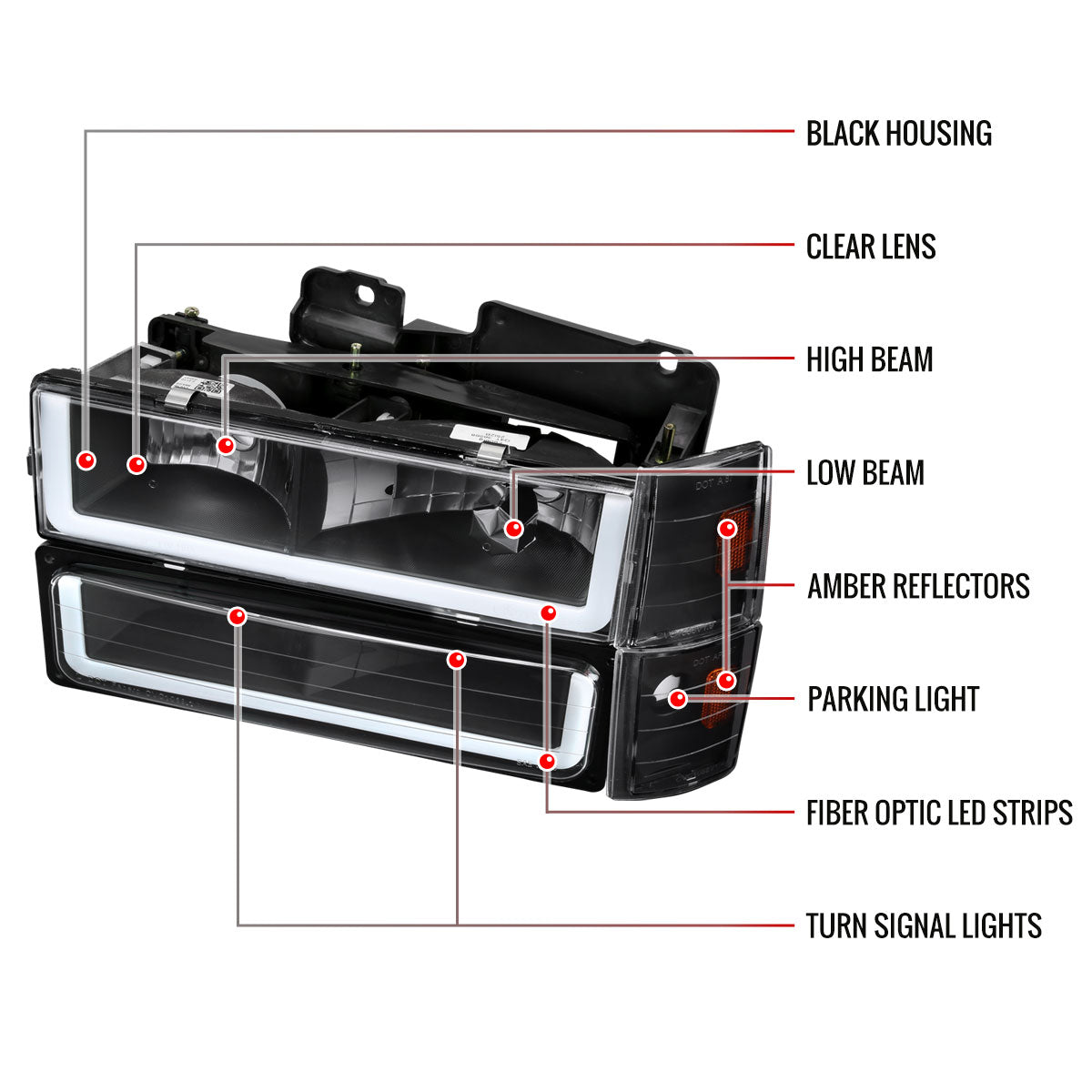 1988-1993 Chevrolet/GMC C10 C/K Sierra Tahoe LED Tube Factory Style Headlights with Bumper & Corner Lights (Matte Black Housing/Clear Lens)