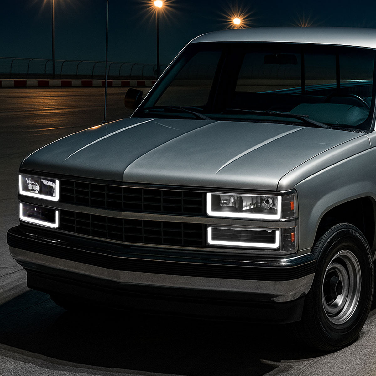 1988-1993 Chevrolet/GMC C10 C/K Sierra Tahoe LED Tube Factory Style Headlights with Bumper & Corner Lights (Matte Black Housing/Clear Lens)