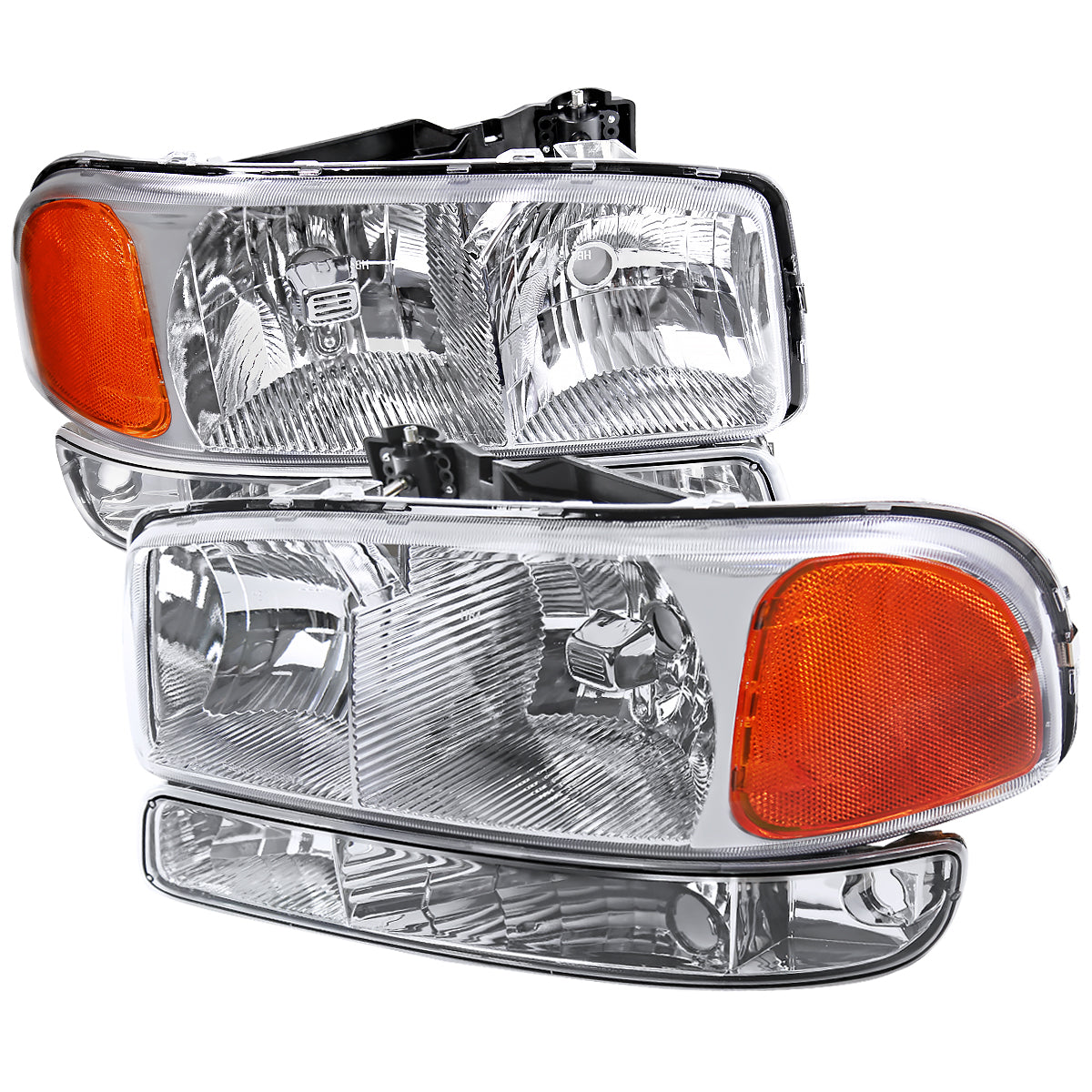 1999-2007 GMC Sierra/ 2000-2006 Yukon/Yukon XL Factory Style Crystal Headlights w/ Amber Reflector & Bumper Lights (Chrome Housing/Clear Lens)