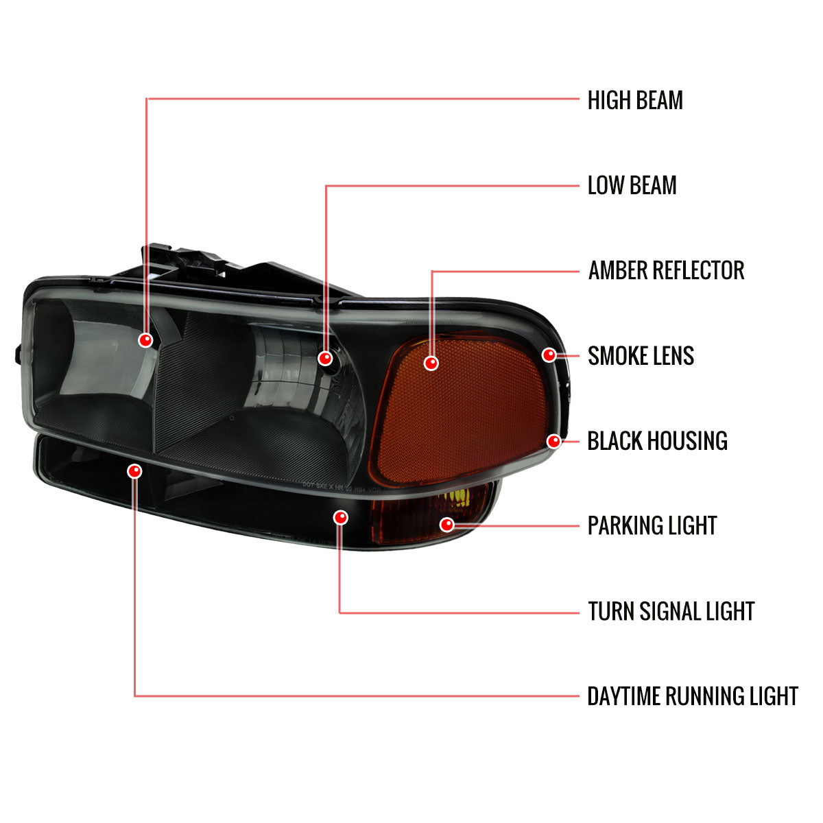1999-2006 GMC Sierra/2007 Sierra Classic/2000-2006 Yukon/XL Factory Style Headlights and Bumper Lights with Amber Reflector (Matte Black Housing/Smoked Lens)