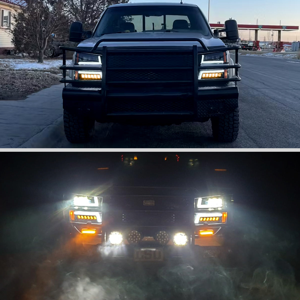 2003-2007 Chevrolet Silverado Avalanche LED Projector DRL Headlights w/ Bumper Lights (Jet Black Housing/Clear Lens)