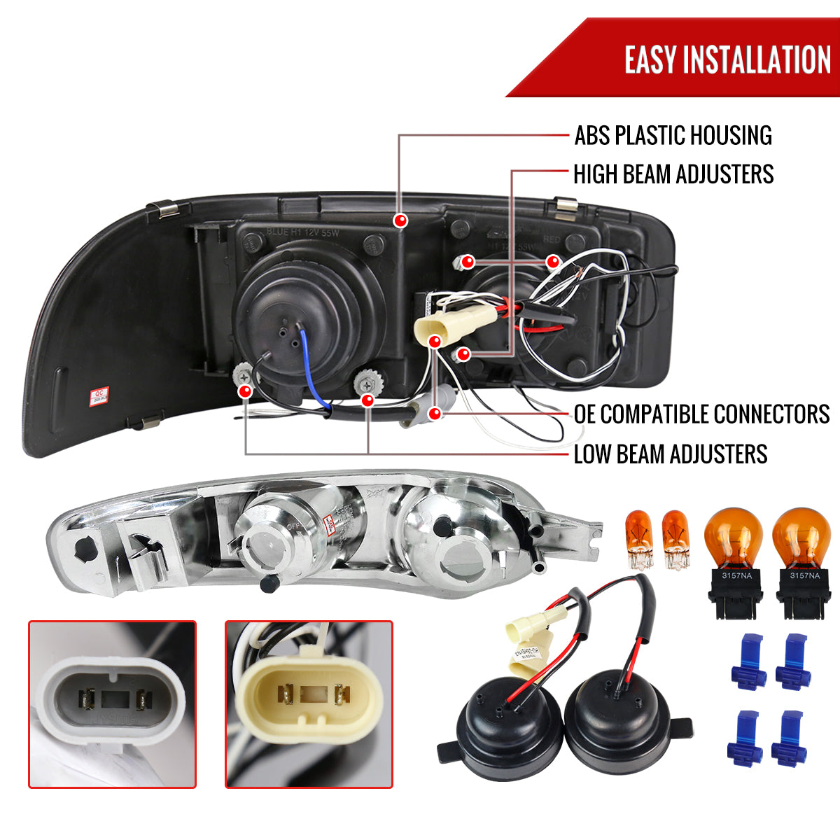 2001-2006 GMC Yukon + XL Denali/ 2002-2006 GMC Sierra Denali Dual Halo Projector Headlights w/ Bumper Lights (Chrome Housing/Clear Lens)