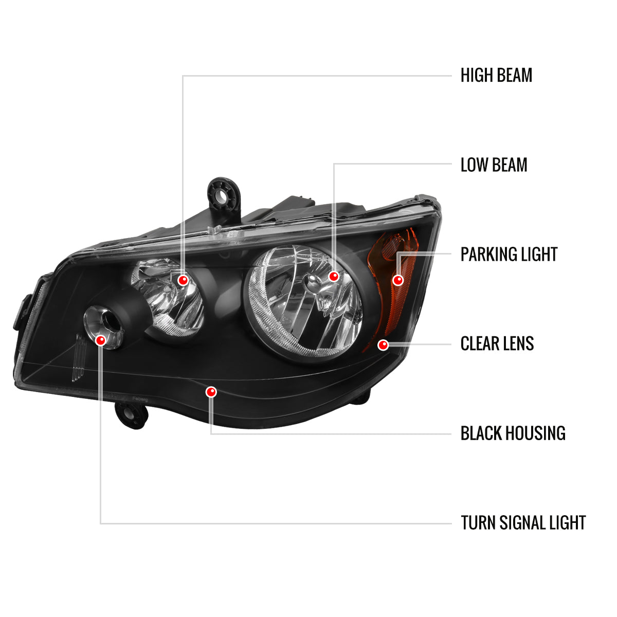 2008-2018 Dodge Grand Caravan Chrysler Town & Country Factory Style Headlights (Matte Black Housing/Clear Lens)