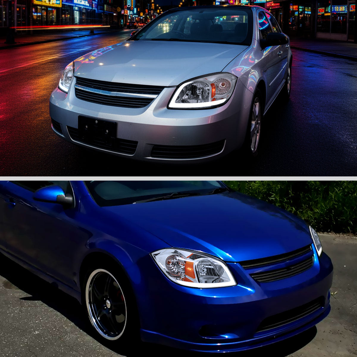 2005–2010 Chevrolet Cobalt Pontiac G5 / Pursuit Factory Style Headlights w/ LED DRL Light Strip (Chrome Housing / Clear Lens)