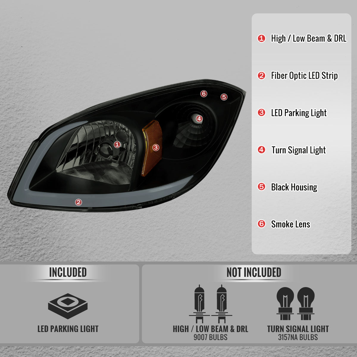 2005–2010 Chevrolet Cobalt Pontiac G5 / Pursuit Factory Style Headlights w/ LED DRL Light Strip (Black Housing / Smoked Lens)