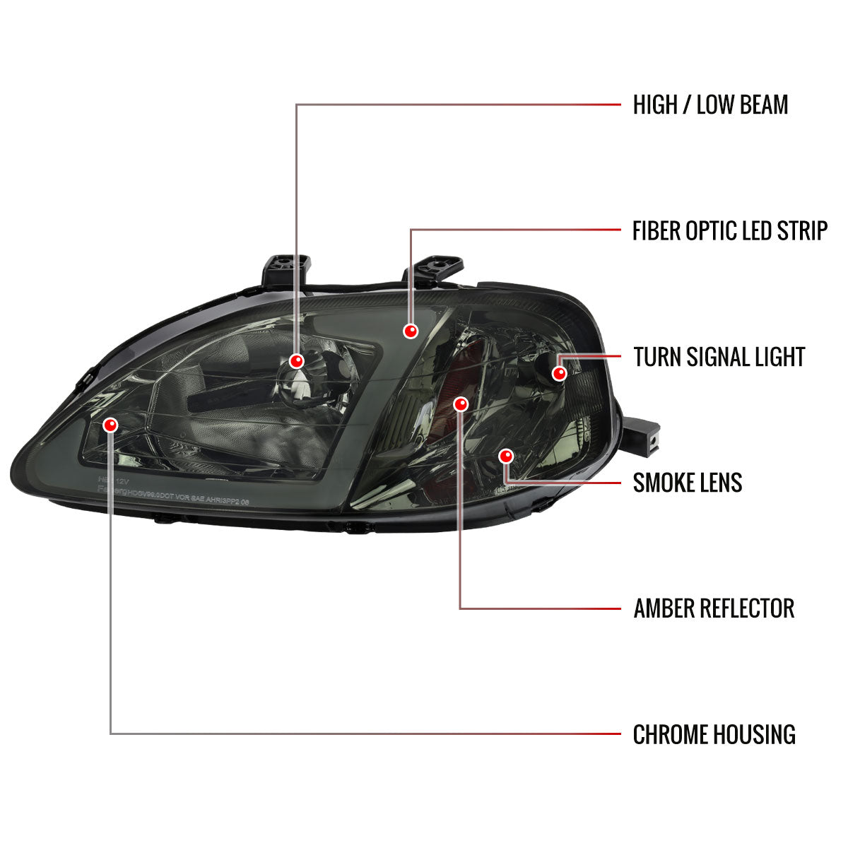 1999-2000 Honda Civic Coupe/Sedan LED Bar Factory Style Headlights (Chrome Housing/Smoked Lens)