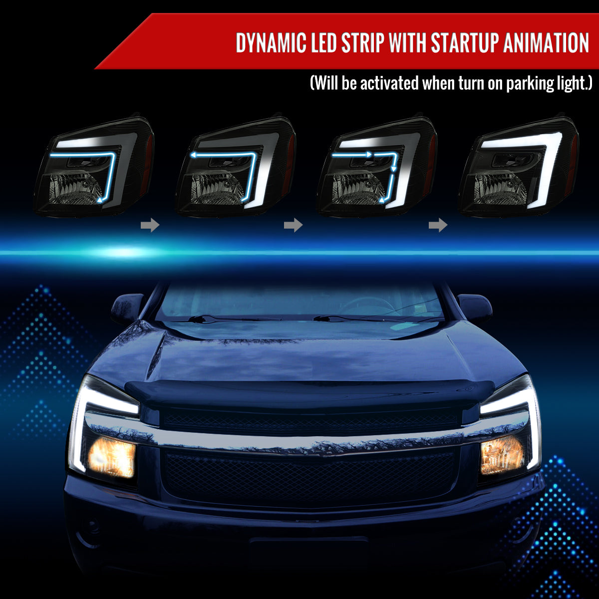 2005-2009 Chevy Equinox Factory Style Headlights with Sequential Switchback LED Bar Turn Signal (Matte Black Housing / Smoked Lens)
